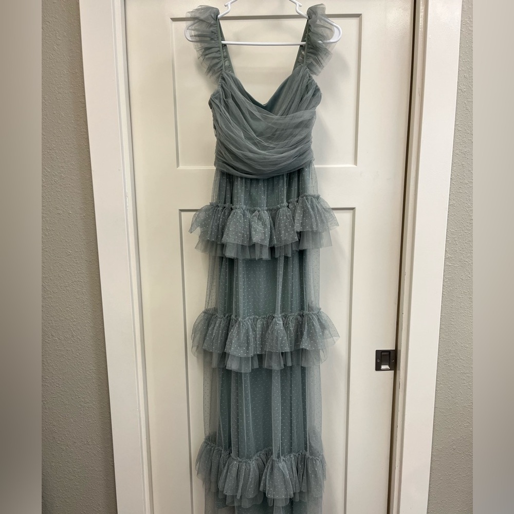Lulus - Pure Radiance Sage Brush Mesh Swiss Dot Tiered Maxi Dress Green - S - Picture 6 of 13